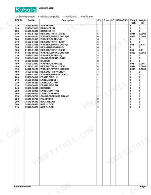 Kubota LA350 parts list for main frame, including sub frame, brackets, bolts, washers, and labels with part numbers.