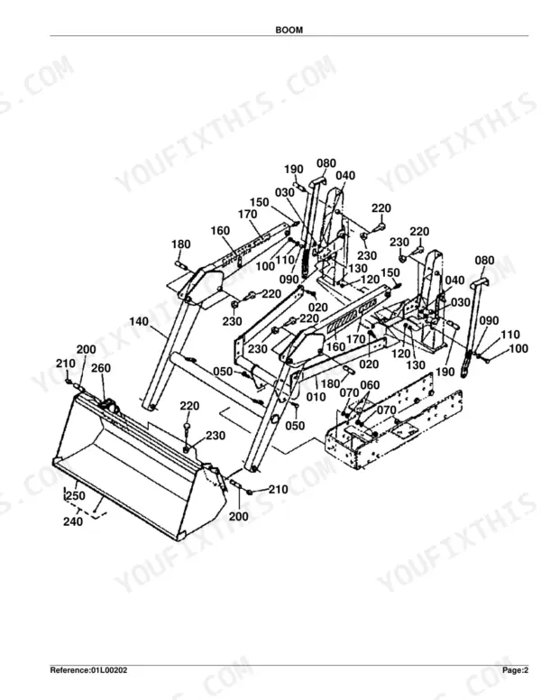 Kubota LA351, LA301, LA271 exploded view diagram of the loader boom assembly and bucket mounting components.