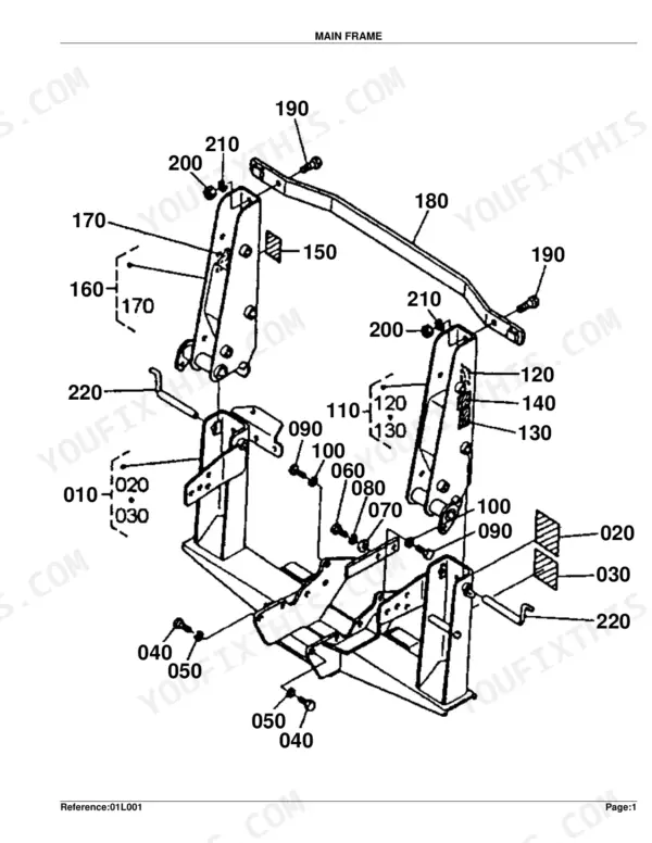 Kubota LA351, LA301, LA271 exploded view diagram of the main frame assembly showing mounting hardware and brackets.