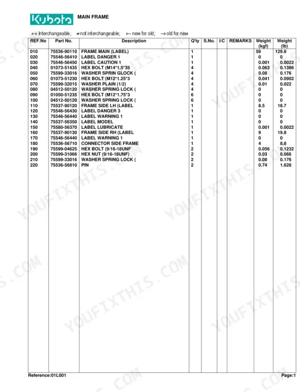 Kubota LA351, LA301, LA271 parts list for Main Frame showing reference numbers, part numbers, descriptions, and weights.