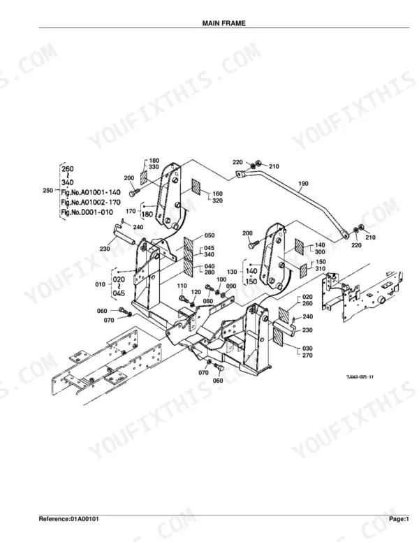 Kubota LA352 exploded view diagram of the main frame assembly, showing mounting brackets, hardware, and support components.