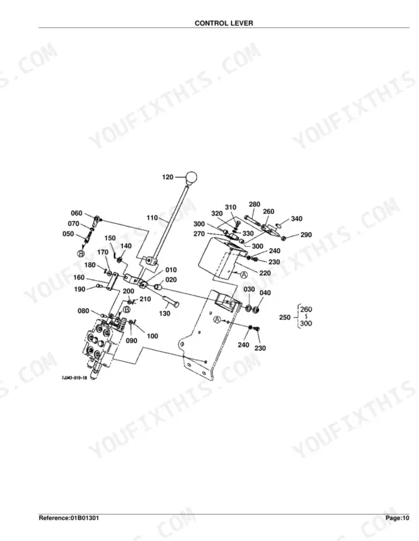 Kubota LA352 exploded view diagram of the control lever assembly, showing linkage, mounting bracket, and hardware.