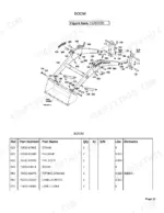 Kubota LA364 exploded view diagram and parts list for the loader boom assembly, including pins, stands, and labels.