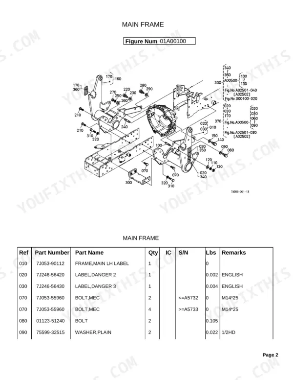 Kubota LA364 exploded view diagram and parts list for the main frame assembly, including bolts, washers, and labels.