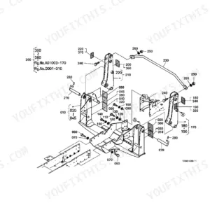 Kubota LA402 exploded view diagram of the main frame assembly, including mounting brackets, pins, and hardware components.