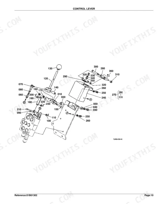 Kubota LA402 exploded view diagram of the control lever assembly, showing linkage, mounting bracket, and hardware.