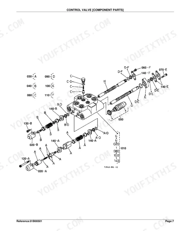 Kubota LA402 control valve exploded view showing internal spools, springs, seals, and housing components.