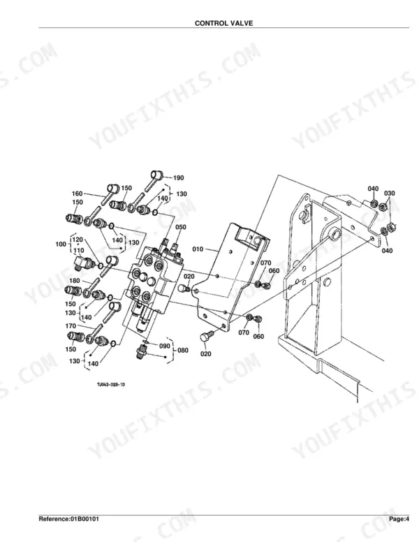 Kubota LA402 exploded view diagram of the control valve assembly, mounting bracket, and hydraulic fittings.