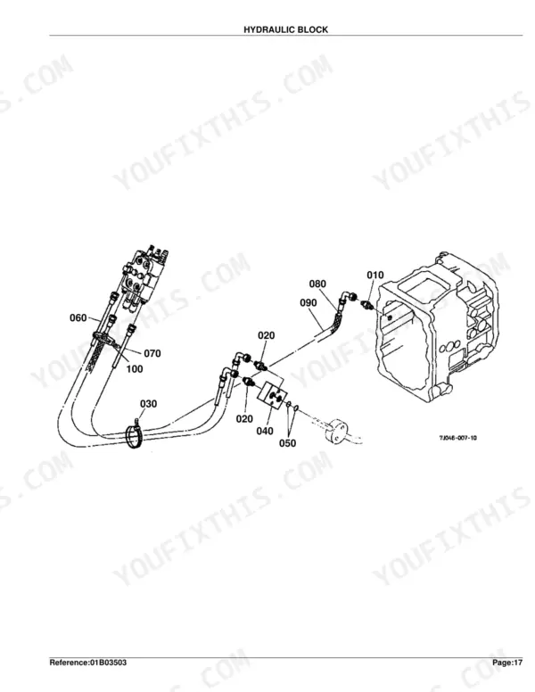 Kubota LA402 exploded view diagram of the hydraulic block, hoses, fittings, and transmission housing components.