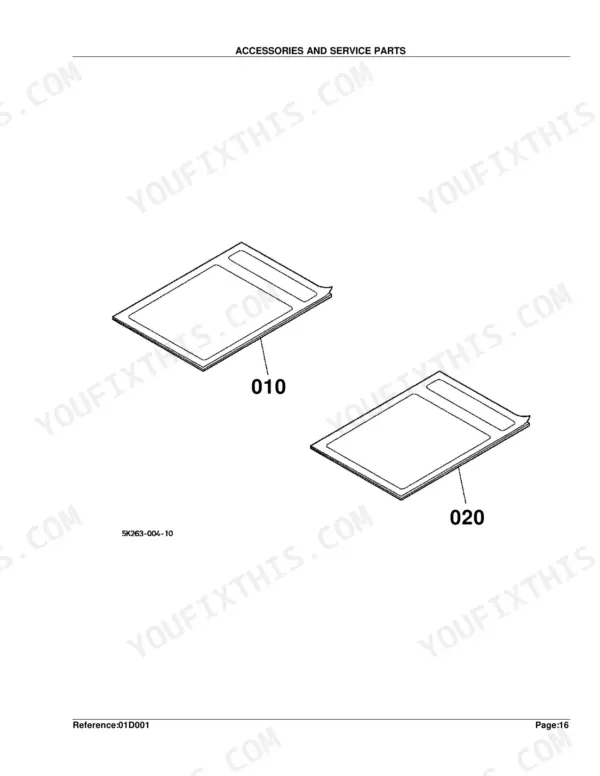 Kubota LA403 exploded view diagram showing accessories and service parts labeled 010 and 020.