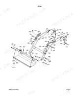Kubota LA403 exploded view diagram of the loader boom assembly, showing bucket, pins, bolts, and mounting hardware.