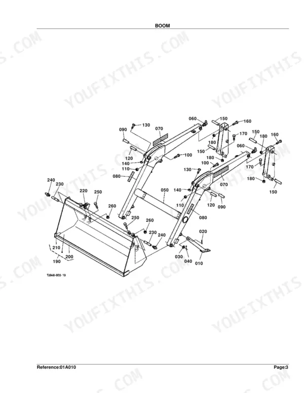 Kubota LA403 exploded view diagram of the loader boom assembly, showing bucket, pins, bolts, and mounting hardware.