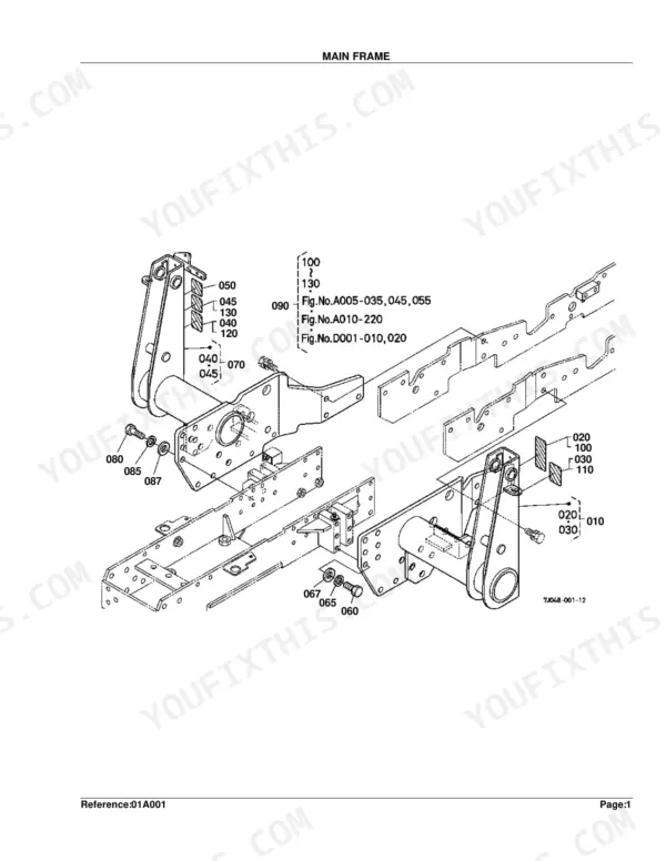 Kubota LA403 exploded view diagram of the main frame assembly, showing mounting brackets, bolts, and reference numbers.