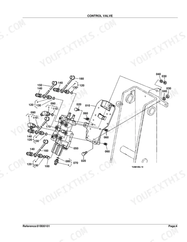Kubota LA403 exploded view diagram of the control valve assembly, including mounting bracket, fittings, and hardware.