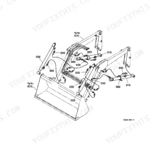 Kubota LA403 exploded view diagram of loader hydraulic cylinders, hoses, and fittings for the bucket and lift arms.