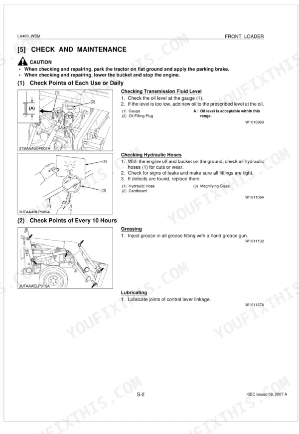Kubota LA403 maintenance manual: daily transmission fluid, hydraulic hose inspection, and 10-hour greasing procedures.
