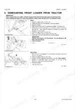 Kubota LA403 front loader dismounting procedure, including stand rotation, pin removal, and side frame detachment steps.