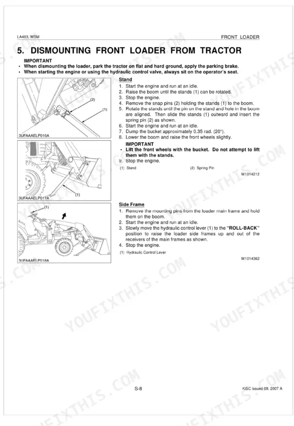 Kubota LA403 front loader dismounting procedure, including stand rotation, pin removal, and side frame detachment steps.