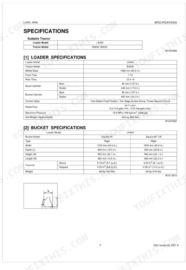 Kubota LA403 loader and bucket specifications table including cylinder dimensions, flow rates, and bucket capacities.