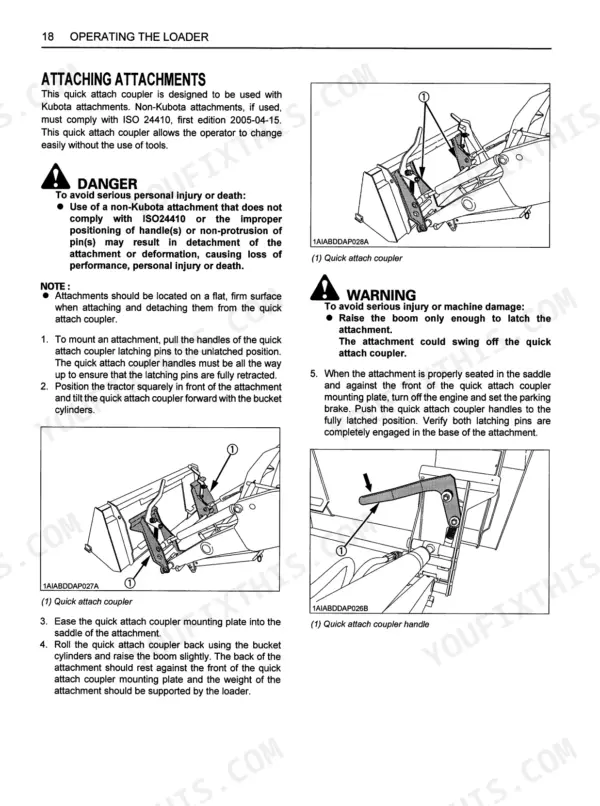 Kubota LA434 operator manual page showing procedures and diagrams for attaching loader attachments and quick coupler handles.