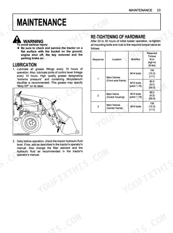 Kubota LA434 maintenance page showing lubrication points diagram and hardware torque specifications table.