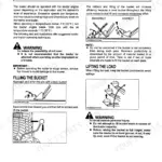 Kubota LA434 loader operating instructions, bucket filling techniques, and safety warnings for lifting loads.