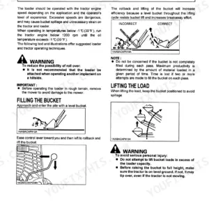 Kubota LA434 loader operating instructions, bucket filling techniques, and safety warnings for lifting loads.