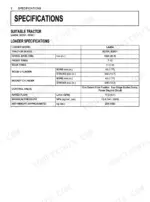 Kubota LA434 loader specifications table including cylinder bore, stroke, rated flow, and pressure for B2301, B2601 tractors.