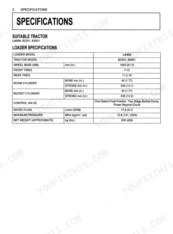 Kubota LA434 loader specifications table including cylinder bore, stroke, rated flow, and pressure for B2301, B2601 tractors.