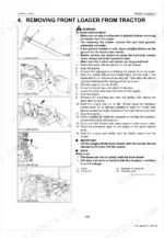 kubota-la434au-front-loader-workshop-manual-9y111-13490-procedures-62.webp Kubota LA434AU front loader removal procedure with diagrams for stand adjustment, hydraulic control lever, and hose disconnection.