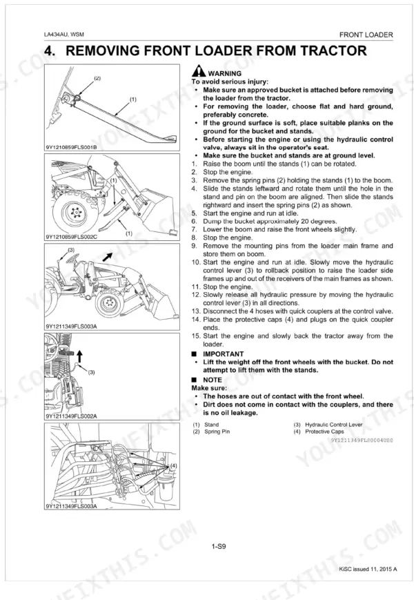 Kubota LA434AU front loader removal procedure with diagrams for stand adjustment, hydraulic control lever, and hose disconnection.