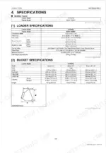 kubota-la434au-front-loader-workshop-manual-9y111-13490-specs-11.webp Kubota LA434AU loader and bucket specifications table including cylinder bore, stroke, dimensions, and bucket capacity.
