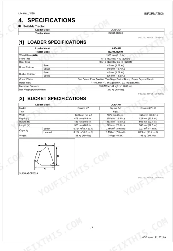 Kubota LA434AU loader and bucket specifications table including cylinder bore, stroke, dimensions, and bucket capacity.