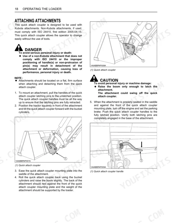 Kubota LA463 loader manual page showing procedures and diagrams for attaching loader attachments and quick coupler operation.