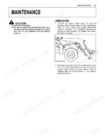 Kubota LA463 maintenance page showing lubrication points diagram and hydraulic fluid check procedures.