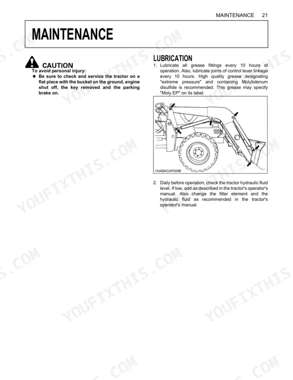 Kubota LA463 maintenance page showing lubrication points diagram and hydraulic fluid check procedures.