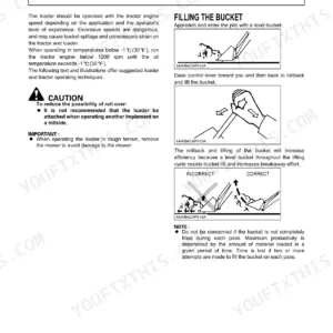Kubota LA463 operating instructions for filling the loader bucket with diagrams for correct and incorrect techniques.
