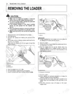 Kubota LA463 loader removal procedure with diagrams showing stand placement, spring pin removal, and hydraulic control lever.