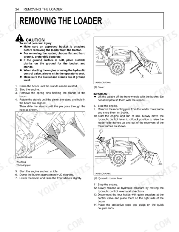 Kubota LA463 loader removal procedure with diagrams showing stand placement, spring pin removal, and hydraulic control lever.