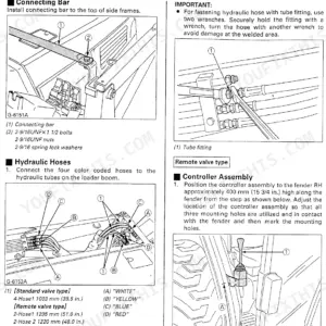 Kubota LA482, LA682 installation procedures for connecting bar, hydraulic hoses, and controller assembly.