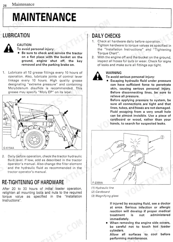 Kubota LA482, LA682 maintenance page showing lubrication points, daily checks, and hydraulic leak inspection procedures.