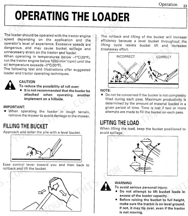 Kubota LA482, LA682 loader operation guide, bucket filling techniques, lifting procedures, and safety warnings.