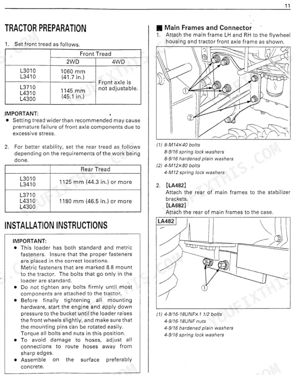 Kubota LA482, LA682 tractor preparation, front and rear tread tables, and main frame installation diagrams with bolt specifications.