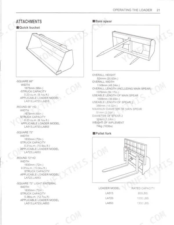 Kubota LA513, LA723, LA853 loader attachment specifications for quick buckets, bale spears, and pallet forks.