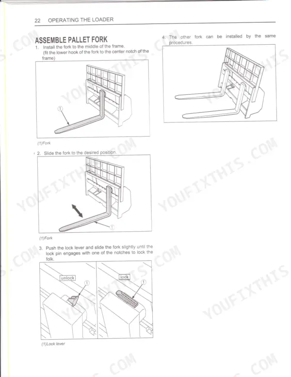 Kubota LA513, LA723, LA853 pallet fork assembly procedure, showing fork installation, positioning, and lock lever operation.