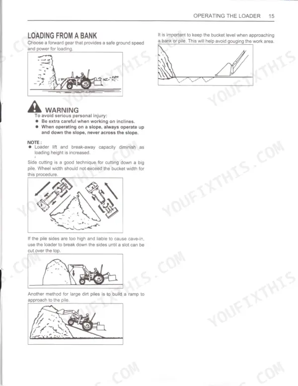 Kubota LA513, LA723, LA853 loader operating instructions for loading from a bank, side cutting, and ramp building.