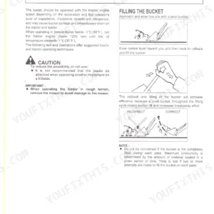 Kubota LA513, LA723, LA853 loader operating instructions, bucket filling techniques, and safety precautions.