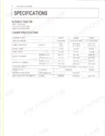 kubota-la513-la723-la853-front-loader-operator-manual-specs-10.webp Kubota LA513, LA723, LA853 loader specifications table including cylinder bore, stroke, tire size, and pressure ratings.