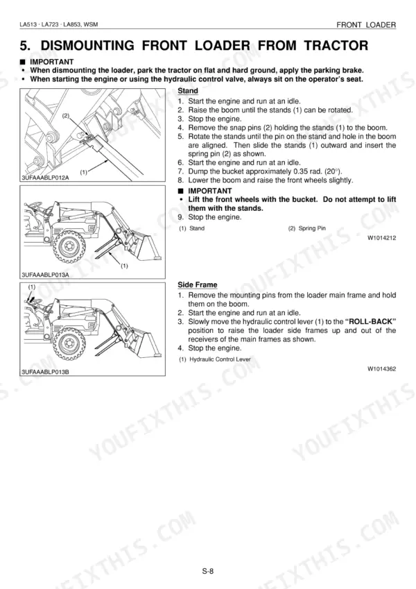 Kubota LA513, LA723, LA853 service manual page showing procedures for dismounting the front loader from the tractor.