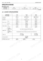 kubota-la513-la723-la853-front-loader-workshop-manual-97897-17130-specs-8.webp Kubota LA513, LA723, LA853 loader specifications table including cylinder bore, stroke, flow, and pressure data.